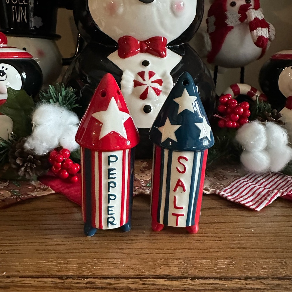 Carnival Cottage firework salt and pepper shakers. Used for display only.